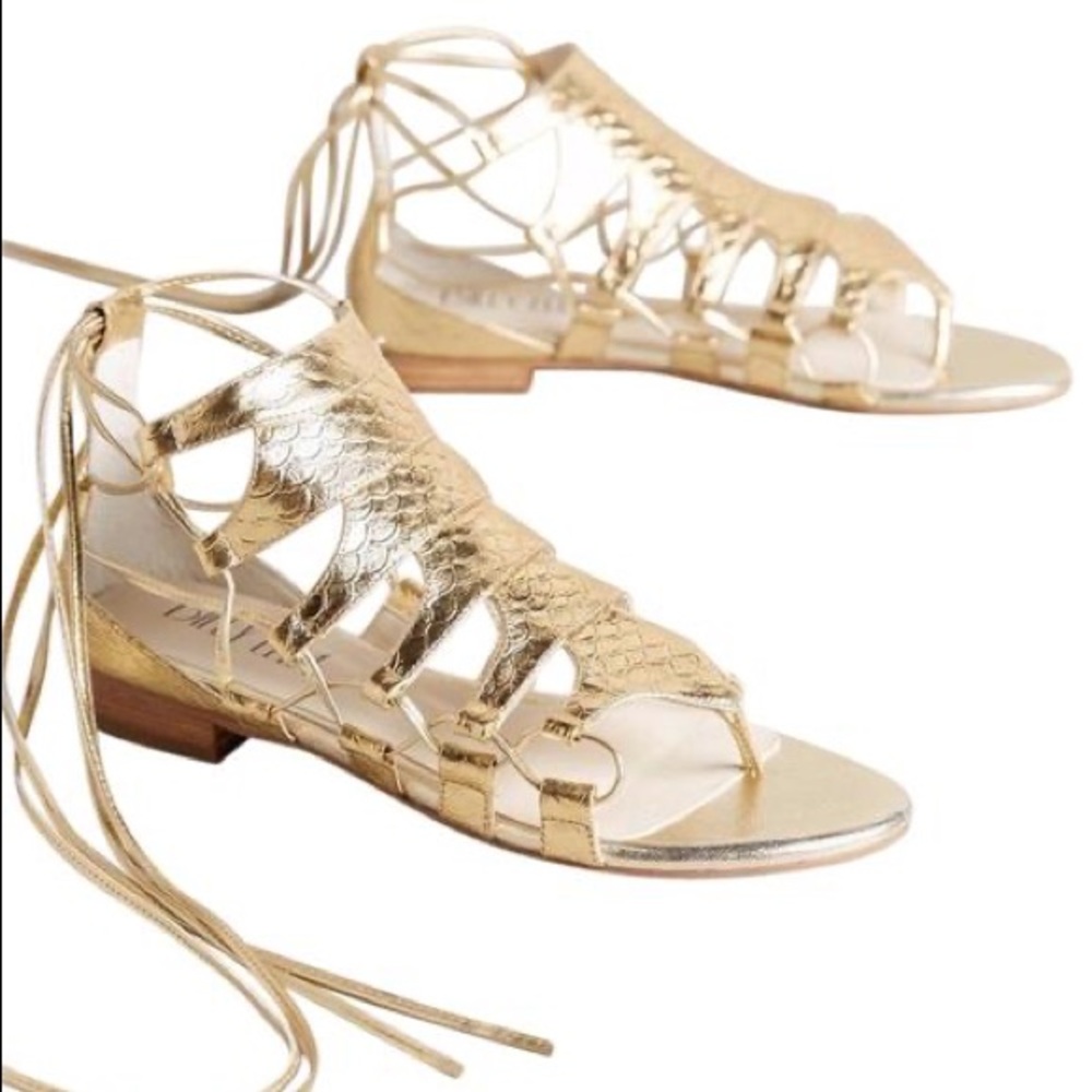 BILLY ELLA ANTHROPOLOGIE EMBOSSED METALLIC GOLD GLADIATOR SANDALS SIZE 8 BNIB
